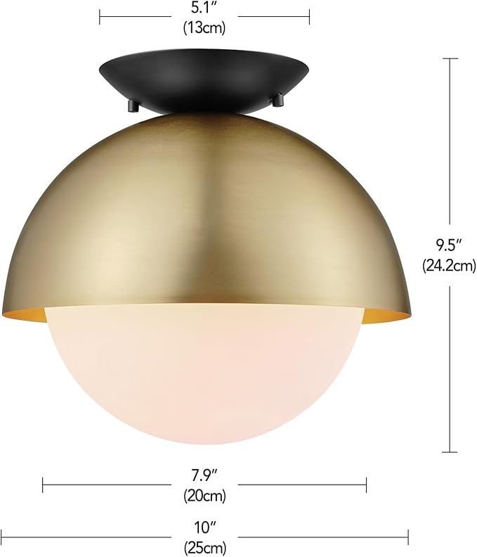 Globe Electric 60320 1-Light Flush Mount Ceiling Light, Matte Brass, Black Accent Canopy, Frosted Glass Shade, Modern Lighting for Kitchen Island, Bedroom or Dining Room, Home Decor