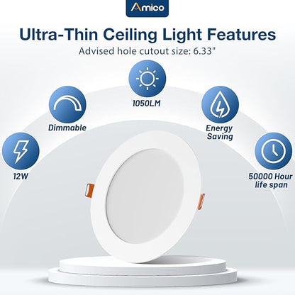 Amico 48 Pack 6 Inch 5CCT Ultra-Thin LED Recessed Ceiling Light with Metal Junction Box, 2700K-5000K Selectable, 12W Eqv 110W, Dimmable Canless Wafer Downlight with Plastic Trim, 1050 Lumens -ETL&FCC