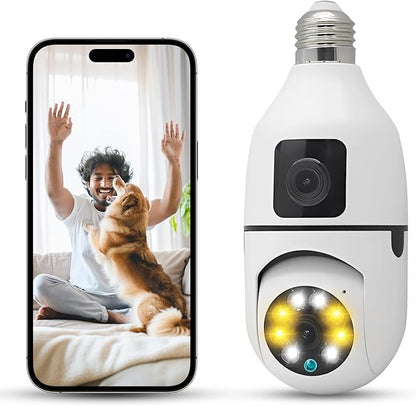 Light Bulb Security Camera, 2K/3MP Outdoor Wireless 2.4G Hz WiFi E27 Camera for Home Security, 24/7 Recording, Motion Detection and Alarm (Dual Lens) (1)