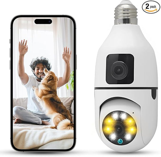 E27 Socket Security Camera, 2K/3MP Outdoor 2.4G Hz WiFi E27 Camera for Home Security, 24/7 Recording and Alarm (Dual Lens) (2)