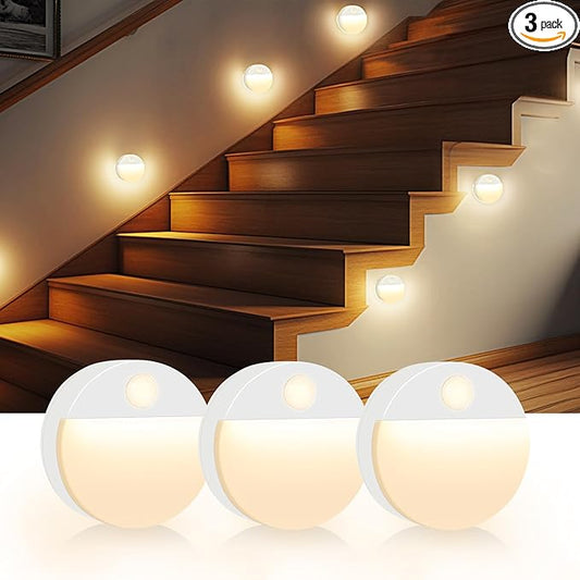 Guankai 3 Pack Motion Sensor Stair Light for Indoor, Battery Operated Closet Lights, Led Stick On Puck Lighting Night Lamp, Motion Activated Lamps for Step, Cabinet, Hallway, Bathroom