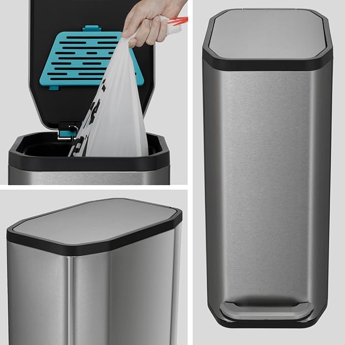 Home Zone Living 13 Gallon Slim Kitchen Trash Can with CleanAura Odor Control, Stainless Steel, Silver, 50 Liters