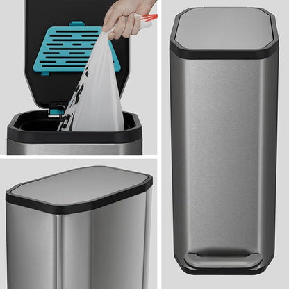 Home Zone Living 13 Gallon Slim Kitchen Trash Can with CleanAura Odor Control, Stainless Steel, Silver, 50 Liters