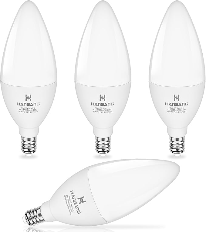E12 Candelabra LED Bulbs 2700K Warm White, 60Watt Equivalent, Type B Light Bulb for Chandelier, 5W B11 Ceiling Fan Light Bulbs Small Base, 500LM, 120V, Non-dimmable, 4 Pack