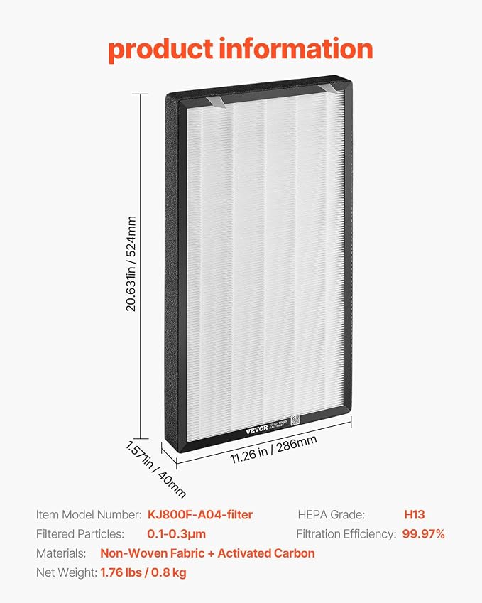 VEVOR Air Purifier Replacement Filter, H13, 2-in-1 Compact & Lightweight Replacement Filter with Non-Woven Fabric, Easy-to-Install Purifier Filter with Activated Carbon, Fit for Square Purifier