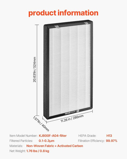 VEVOR Air Purifier Replacement Filter, H13, 2-in-1 Compact & Lightweight Replacement Filter with Non-Woven Fabric, Easy-to-Install Purifier Filter with Activated Carbon, Fit for Square Purifier