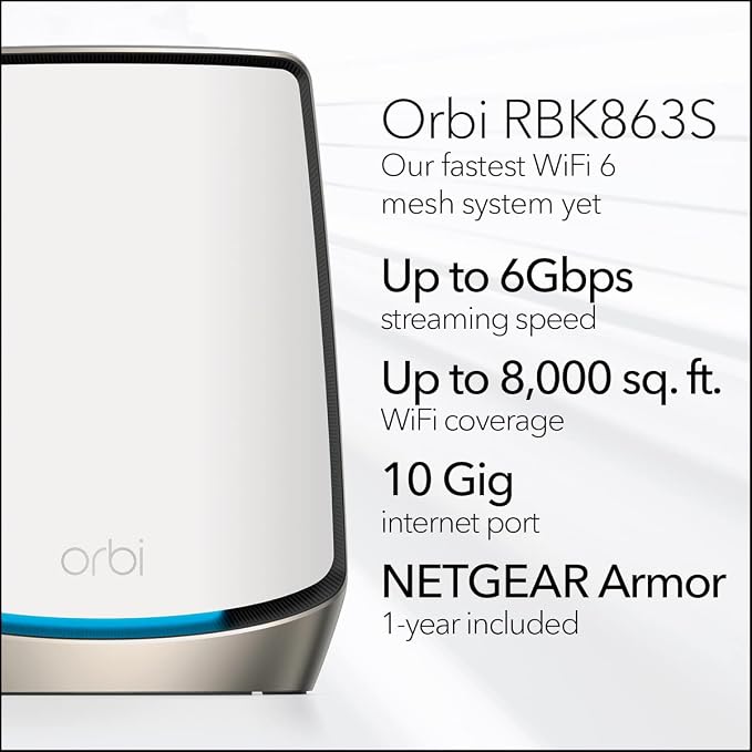 NETGEAR Orbi Tri-Band WiFi 6 Mesh Network System (RBK863S) – Router + 2 Satellite Extenders, Security Features, Up to 6Gbps, Up to 8,000 sq.ft., 100 Devices, 10 Gig Internet Port, Armor Subscription