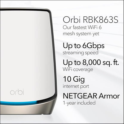 NETGEAR Orbi Tri-Band WiFi 6 Mesh Network System (RBK863S) – Router + 2 Satellite Extenders, Security Features, Up to 6Gbps, Up to 8,000 sq.ft., 100 Devices, 10 Gig Internet Port, Armor Subscription
