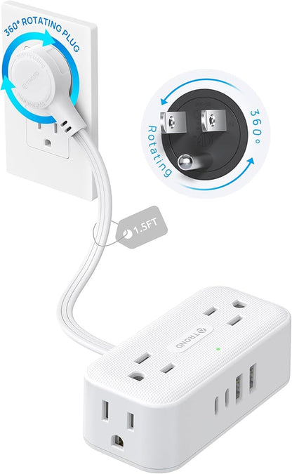 TROND 360° Rotating Flat Plug Power Strip, 1.5FT Extension Cord with 4 USB Ports, 4 Wide Spaced AC Outlets, Wall Mount, 900J Surge Protector for Office Travel Dorm Room Essentials, White