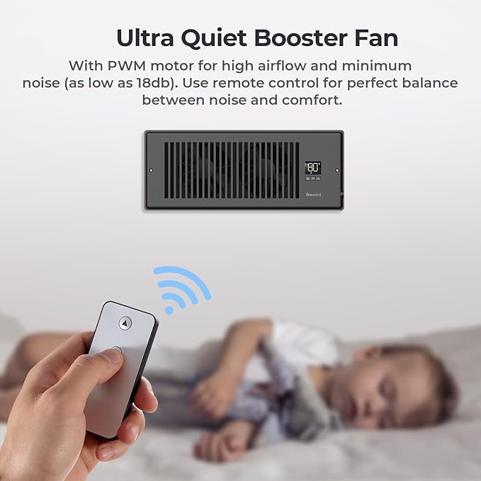 BIOWIND Quiet Register Booster Fan Fits 4" x 12" Register Holes, 10-Speed Smart Heating Cooling AC Vent Fan with Remote Control and Thermostat Control - Black