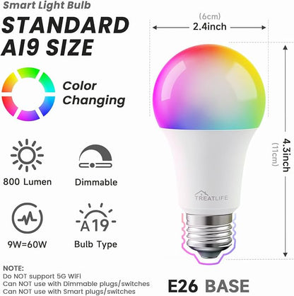 TREATLIFE Smart Light Bulbs 4 Pack, 2.4GHz Color Changing Light Bulb, Works with Alexa Google Home, A19 E26 Dimmable LED Light Bulb 9W 800 Lumen for Party Decoration, Smart Home Lighting