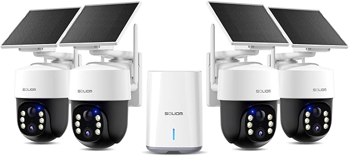 SOLIOM Security Cameras Wireless Outdoor,4K Ultra HD for Day and Night, No Subscription,Built in Radar,Solar Powered Cameras for Home Security, 360° Pan Tilt Auto Tracking,5G & 2.4G WiFi, 4-Cam Kit