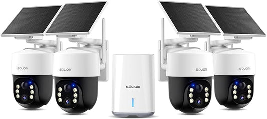 SOLIOM Security Cameras Wireless Outdoor,4K Ultra HD for Day and Night, No Subscription,Built in Radar,Solar Powered Cameras for Home Security, 360° Pan Tilt Auto Tracking,5G & 2.4G WiFi, 4-Cam Kit