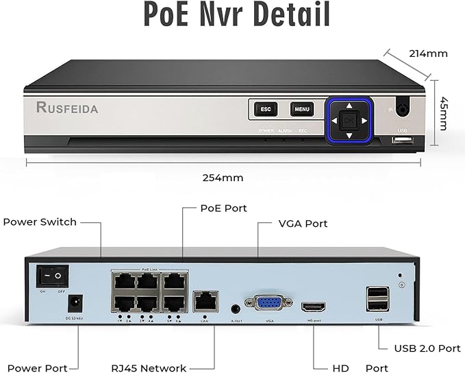 4K 6CH Network Video Recorder for Security Camera System, Support 4K/5MP/4MP/3MP/1080P IP Camera H.265+ PoE NVR, Face Detection, 24/7 Recording, 6 Port PoE 10CH NVR(HDD Not Included)