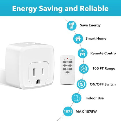 HBN Remote Control Outlet with 100FT RF Signal, Wireless On Off Switch Plug for Household Appliances, Battery Included, 15A/1875W(3 Outlets + 1 Remote)