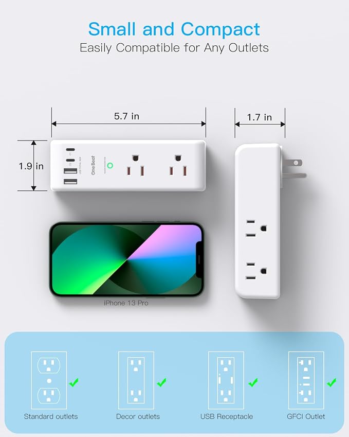 PD 30W Surge Protector Outlet Extender with Rotating Plug, USB Wall Outlet