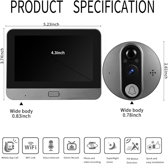 Cawhun Peephole Camera WiFi Doorbell with 4.3" LCD Smart Door Viewer