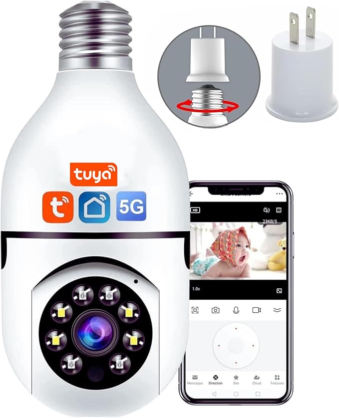 Light Bulb Security Camera, 5GHz 2.4GHz ,Degree Pan/Tilt Panoramic IP Security Camera, TUYA WiFi 1080P Smart Home Surveillance Cam with Motion Detection Alarm Night Vision Two Way Talk Indoor E27
