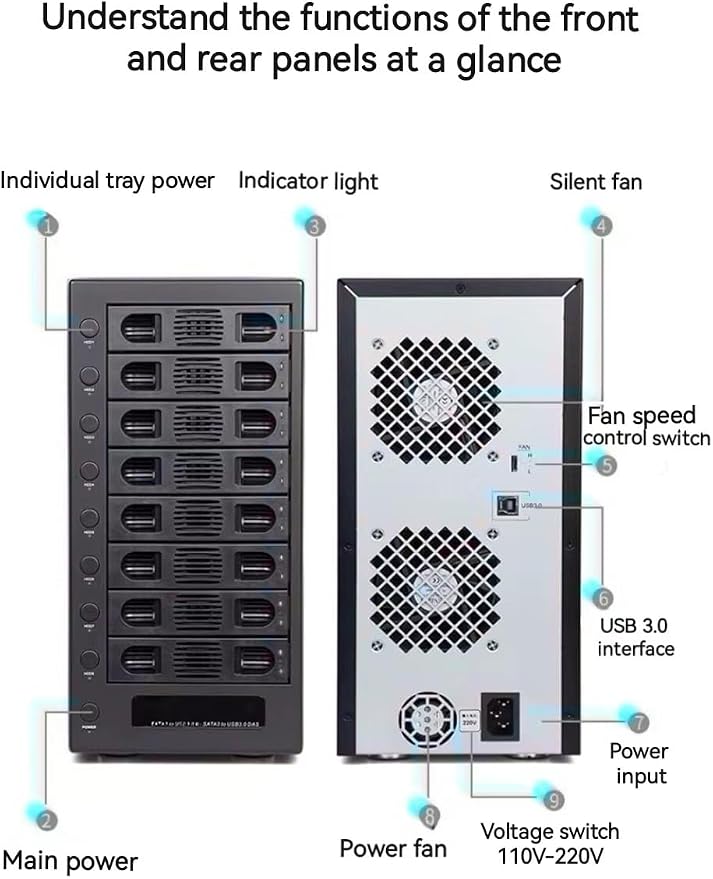 IO CREST Hard Drive Enclosure Supports Multi Bay via USB Interface, Black, 8-Bay