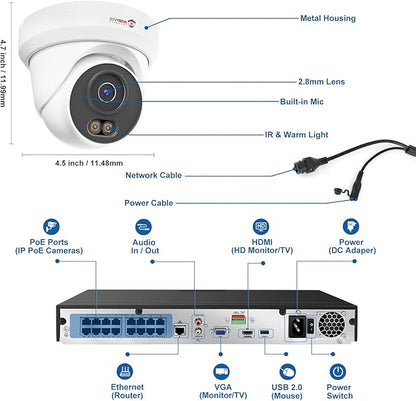 Anpviz 16 Channel NVR PoE Security Camera System, 12MP 4K 16CH Commercial NVR 4TB for Businesses, 16X 6MP Wired IP Turret Cameras Outdoor with AI Detection, Night Vision, Built in Mic, NDAA(U Series)