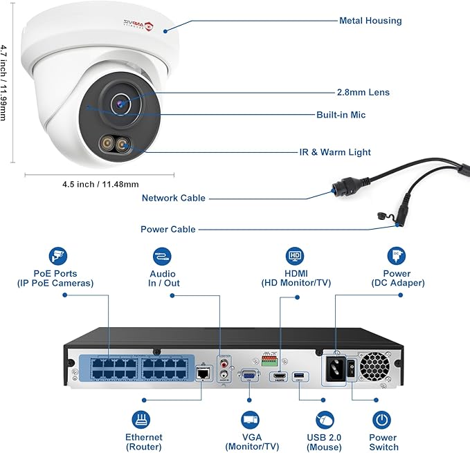 Anpviz 16 Channel NVR PoE Security Camera System, 12MP 4K 16CH Commercial NVR 4TB for Businesses, 8X 6MP Wired IP Turret Cameras Outdoor with AI Detection, Night Vision, Built in Mic, NDAA(U Series)