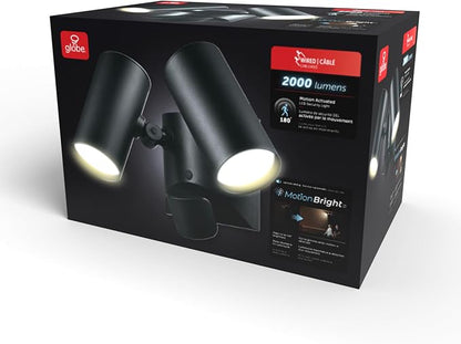 Globe Electric 180-Degree 22W Twin Head Black Hardwired Motion Activated Diecast Architectural Security Light, Spotlight, Outdoor, Outside House Lights