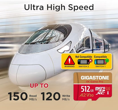 【for Switch 1 Only】 GIGASTONE 512GB Micro SD Card, 4K Game Pro, Memory Card for Gaming Console, Action Camera, UHD Video, R/W up to 150/120 MB/s, UHS-I U3 A2 V30 C10【5-Years Data Recovery】