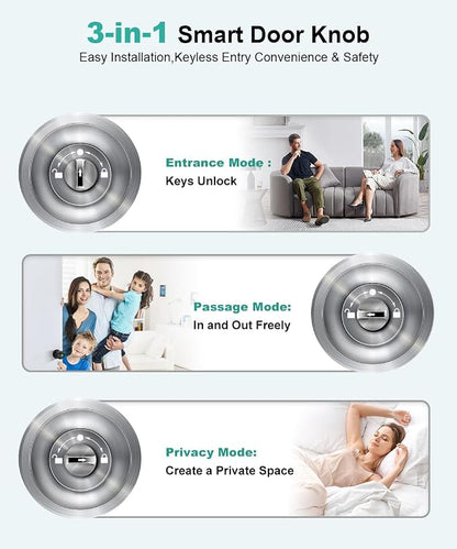 Smart Door Knob with Lock,Fingerprint Door Lock,2 Pcs,Burnished Silver | Smart Lock with Auto-Lock , App, Key, Fingerprint Door Locks for Front Door, Garage, Apartment, Hotel, Interior, Exterior
