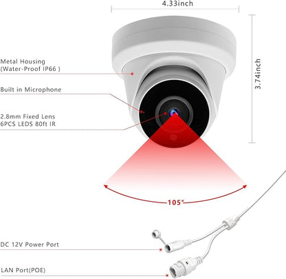 8MP 4K IP PoE Turret Camera Outdoor, H.265 PoE IP Security Dome Camera with 80ft Night Vision, 2.8mm Lens, 105° Wide Angle, Built-in Mic, WDR, Compatible with Third-Party NVRs and Software