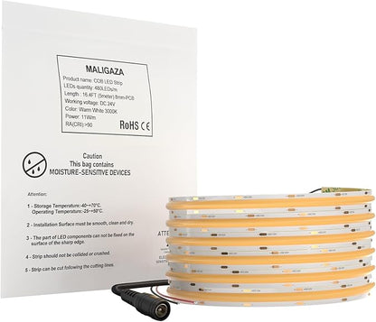 COB LED Strip Light, 16.4FT 2700k High Bright LED Light Tape with 2400 LEDs Flexible Cuttable for House Ceiling Bedroom Decor (DC 24V, No Power Supply)