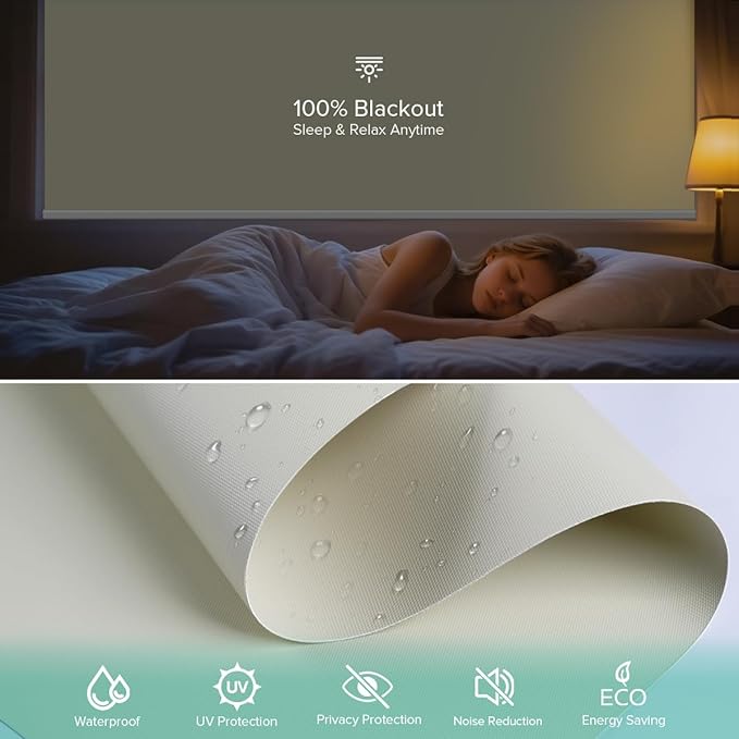 Motorized Roller Shades, 10O% Blackout Waterproof Remote Control Custom Window Shades Work with Alexa Google Assistant via RF Hub, Rechargeable Electric Blinds for Windows (Vinyl Beige)