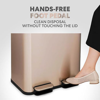 SIMPLI-Magic 60L / 16 Gallon Dual Compartment Kitchen Trash Can - Hands-Free Step Pedal, Soft-Close Lid, Stainless Steel Recycling Bin with Odor Control (30L + 30L)