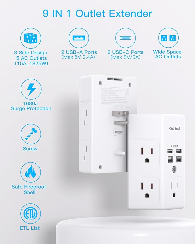 One Beat Surge Protector Wall Outlet Extender, 2 Pack 5 Outlets & 4 USB Ports (2 USB-C), 1680J, 3-Sided Multi Plug Outlet Adapter, Outlet Splitter, Wall Mount, ETL Listed for Home Office Travel-White