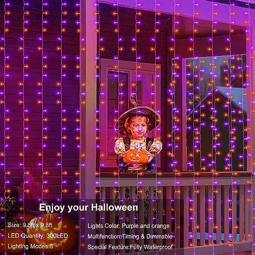 echosari Halloween Curtain Lights Battery Operated 300 LED Purple Orange