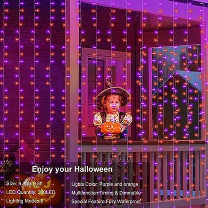echosari Halloween Curtain Lights Battery Operated 300 LED Purple Orange