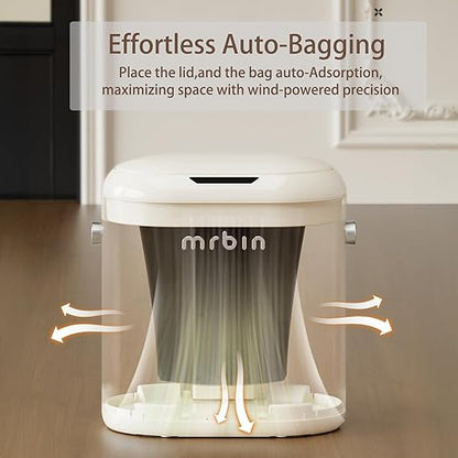 MRBIN Automatic Adsorption Metal Trash Can for Bathroom, Touchless Garbage Bin with Lid, 3.2 Gallon Slim Trash Can for Office and Bedroom, Electric Motion Sensor Waste Basket, Cream White