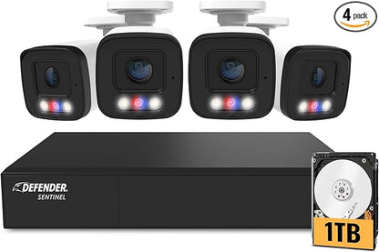 Defender AI Powered Sentinel 4K 8CH PoeE Security Camera System, 4pcs NVR Metal Outdoor Surveillance Cameras, 1TB HDD, SMART AI Human Detection, Blue/Red Lights, Works w/Empower App
