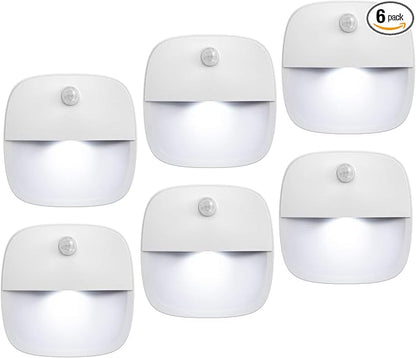 AMIR Motion Sensor Light Indoor, Upgraded Battery-Powered LED Night Light with PIR Technology for Bathroom, Kitchen, Stairs, Under Cabinet, Closet, Stick on Anywhere Hallway Lamp (White, 6-Pack)