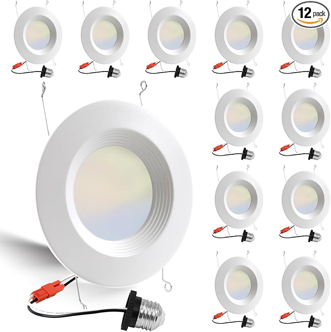 Energetic 12 Pack 5/6 Inch 5CCT LED Recessed Light Retrofit, 2700K/3000K/4000K/5000K/6500K Selectable, Dimmable Can Lights with Baffle Trim, 12W=150W, 1000LM, IC & Wet Rated, ETL & FCC Certified