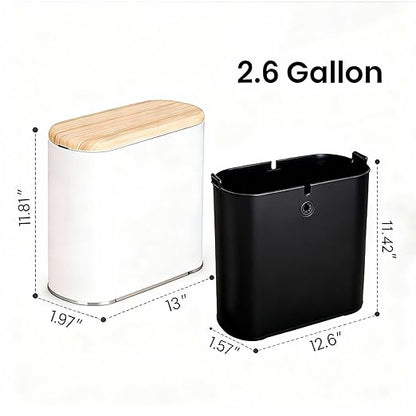 Small Bathroom Trash Can with Lid, 10L/2.6 Gal Slim Wastebasket - Odor & Pet Proof, Inner Bucket & Wood Grain Top, Plastic White Garbage Can for Kitchen, Bedroom, Living Room, Office, RV