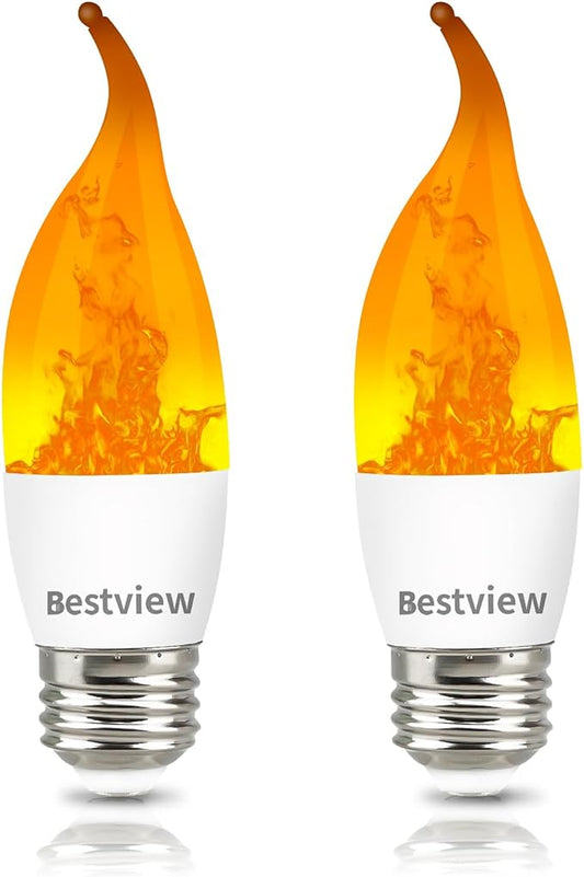 Bestview LED Flame Effect Light Bulbs,3 Modes Smart E26 Chandelier Base Flickering Candle Fire Light Bulb for Halloween, Christmas, Party, Porch, Indoor&Outdoor Home Decoration (2 Pack)