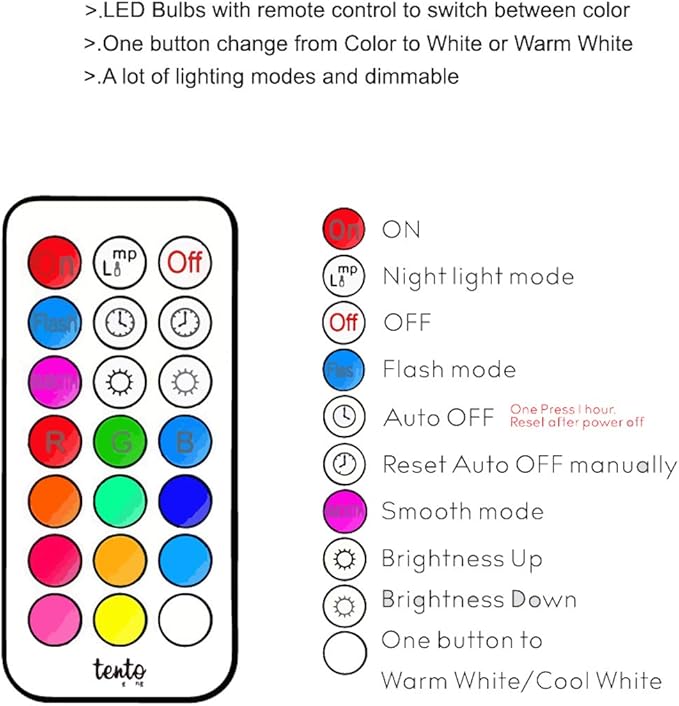 tento Lighting E12 3W 250Lm Candelabra Base, Dimmable Bullet Top Multi-Colored Remote Controlled Chandelier Party Lights LED Bulb, Cool White (4600k - 6500k) (2 Pack)
