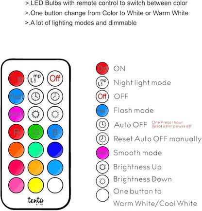 tento Lighting E12 3W 250Lm Candelabra Base, Dimmable Bullet Top Multi-Colored Remote Controlled Chandelier Party Lights LED Bulb, Cool White (4600k - 6500k) (2 Pack)