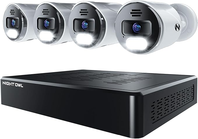 Night Owl Power Over Ethernet 12 Channel NVR Video Home Security Camera System with (4) Wired IP 4K HD Indoor/Outdoor Deterrence Cameras and 2TB Hard Drive (Add up to 4 Wi-Fi Cameras)