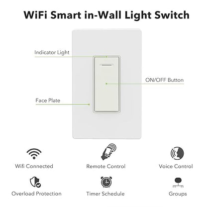 BN-LINK Smart Light Switch with Timer Function, Single Pole, 2.4GHz Wi-Fi in-Wall Switch, Neutral Wire Required, Compatible with Alexa and Google Assistant, No Hub Required, White(4 Pack)