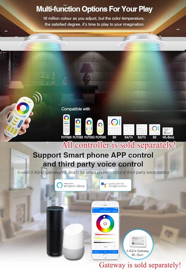 LGIDTECH FUT066 Miboxer 12W RGB+CCT Led Recessed Ceiling Downlight AC 100-240V, RGB Color Changing,Color Temperature Adjustable,Smartphone Can't Control Directly