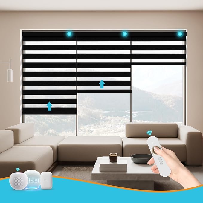 Motorized Zebra Blinds with Remote Smart Blind Work with Homekit Alexa SmartThings Electric Day and Night Shade Cordless Automatic Solar Powered Window Shade Customize(Pure Black)