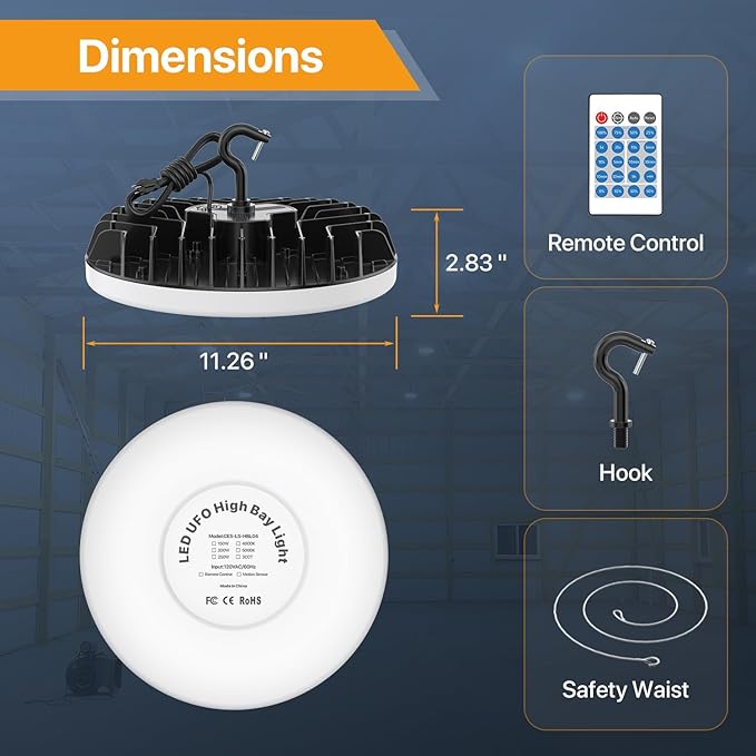 Smart Shop Lights 200W Micware Motion Sensor 24000LM UFO LED High Bay Light with Multi-Function Remote, 10%-100% Dimmable IP65 Waterproof 5000k Garage Lighting 2Pack