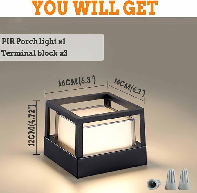 Outdoor Ceiling Light with Motion Sensor, IP65 Waterproof 6.3 inch Porch Lights Outdoor, 20W 3000K LED Square Exterior Wall Lamp for Patio Balcony Terrace