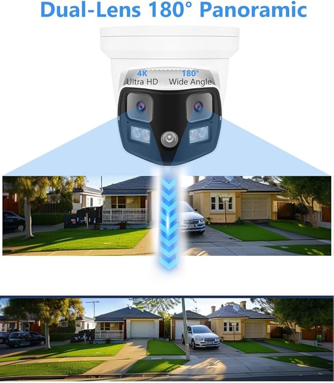 Real HD 8MP 4K Dual Lens Poe IP Security Camera 180 Degree Panoramic Wide Angle, Full Color Night Vision, H.265, IP66, NDAA Compliant